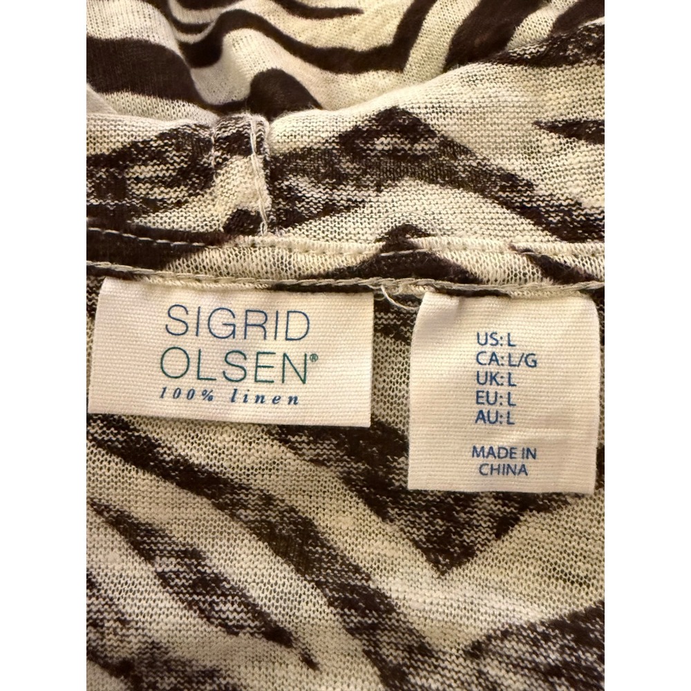 Sigrid Olsen Zebra Print 100% Linen Hooded V-Neck Tassel Top Brown White L - Picture 5 of 5